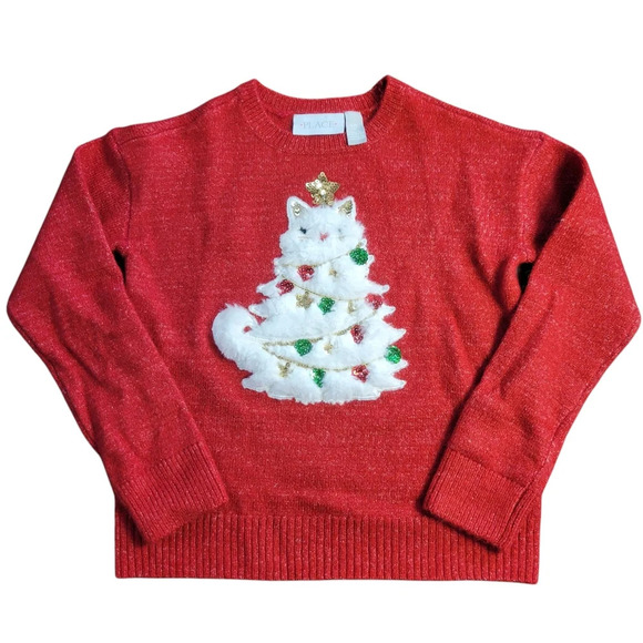 Like New Girls Size 5 / 6 Christmas Tree Fuzzy Cat Red Metallic Shimmer Sweater - Picture 1 of 7
